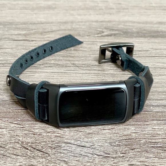 Black Slim Leather Strap Band Fitbit Charge 5 Tracker Black Jewelry Bracelet - Picture 8 of 8